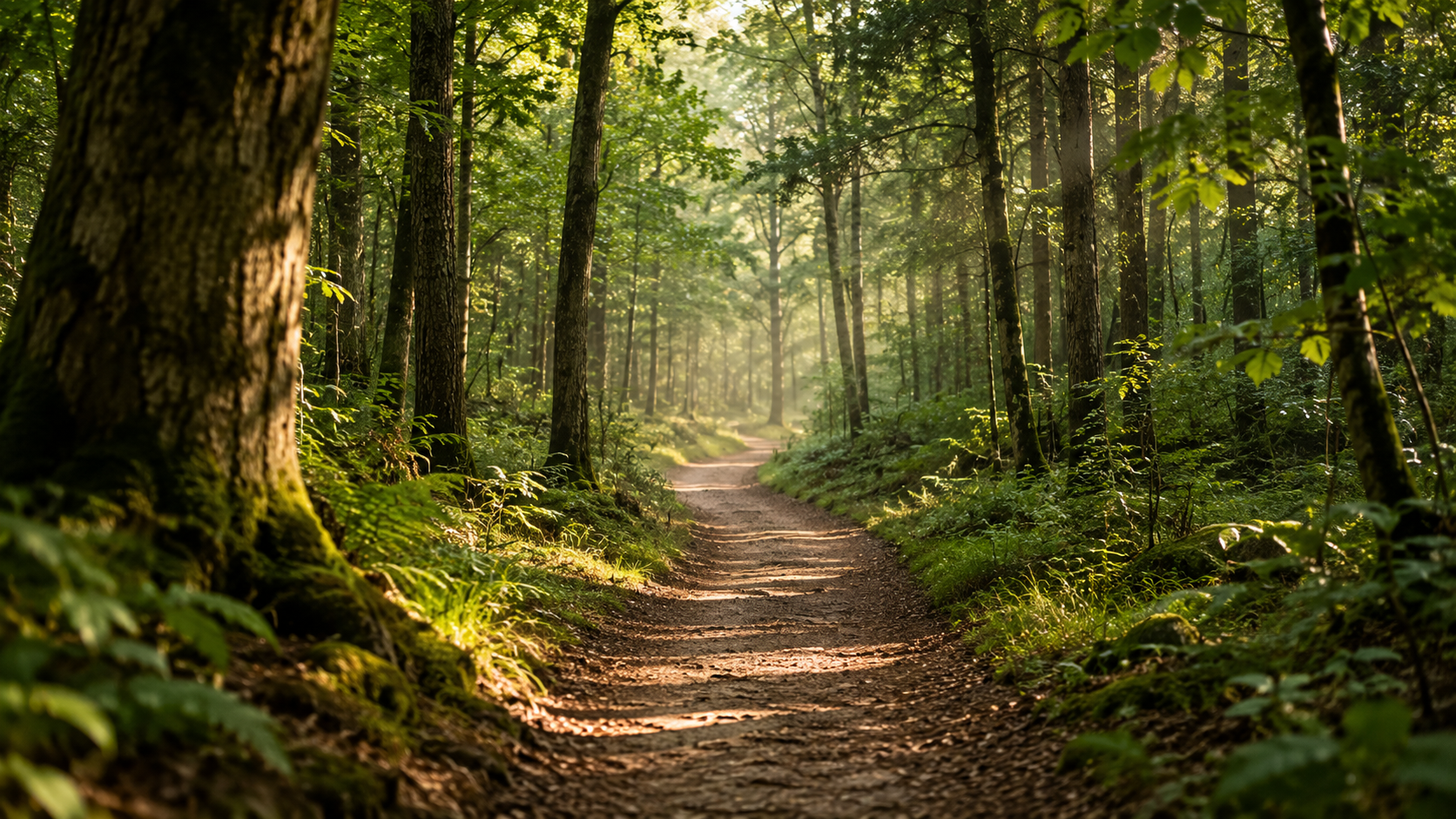 Accompagnement en hypnose Ericksonienne à Saint-Avertin près de Tours, chemin forestier paisible représentant le développement personnel et l’évolution intérieure.