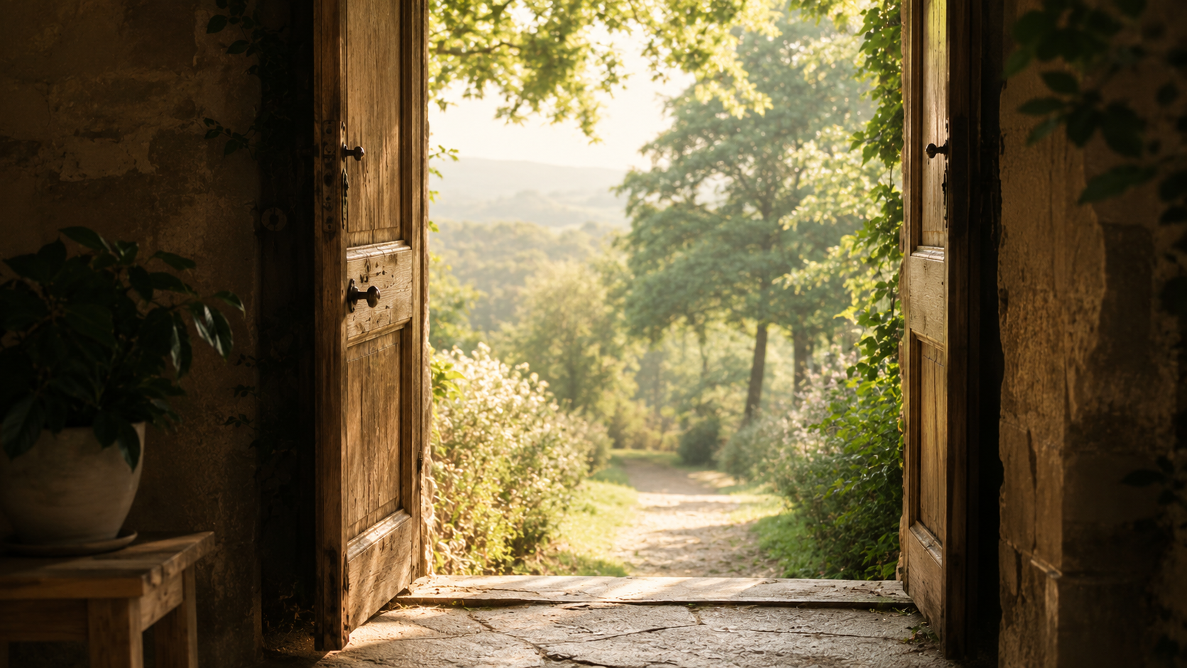 Hypnose onirique et régressive à Saint-Avertin près de Tours, porte ouverte sur un paysage apaisant évoquant la découverte de soi et l’exploration intérieure.