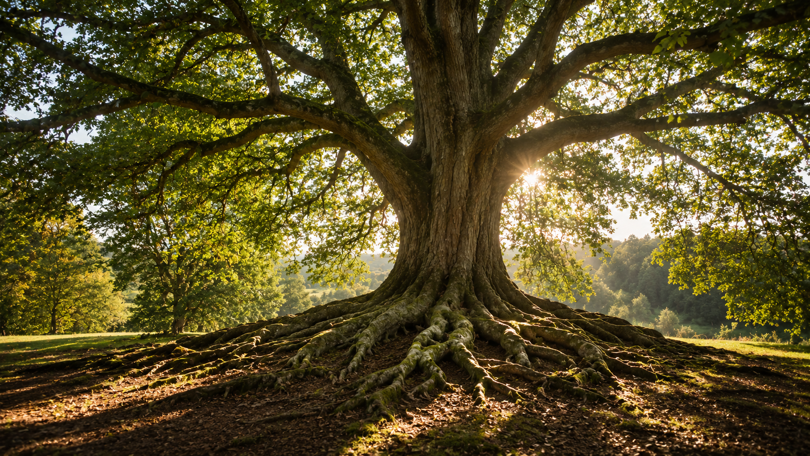 Hypnose transgénérationnelle à Saint-Avertin près de Tours, grand arbre aux racines apparentes symbolisant les liens familiaux et la transmission entre les générations.