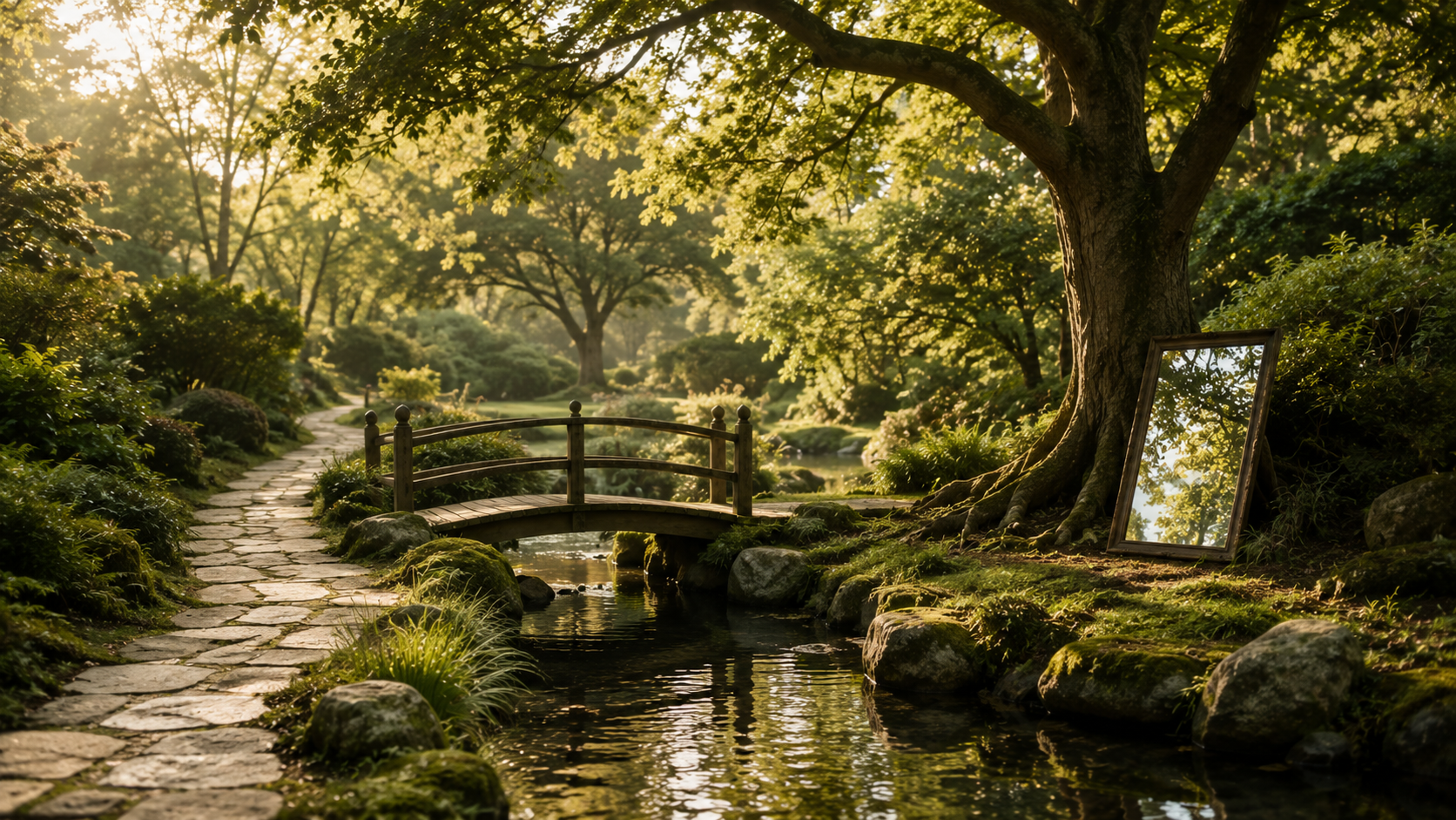 Séances spécifiques d’hypnose à Saint-Avertin près de Tours, jardin paisible avec sentier, pont en bois, rivière calme et arbre majestueux évoquant différents chemins d’exploration intérieure.