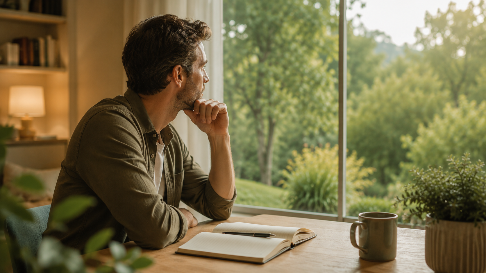 Personne assise près d’une grande fenêtre dans un intérieur chaleureux, observant l’extérieur dans une attitude calme et introspective, illustrant la réflexion intérieure et l’apaisement émotionnel en hypnothérapie à Saint-Avertin près de Tours.