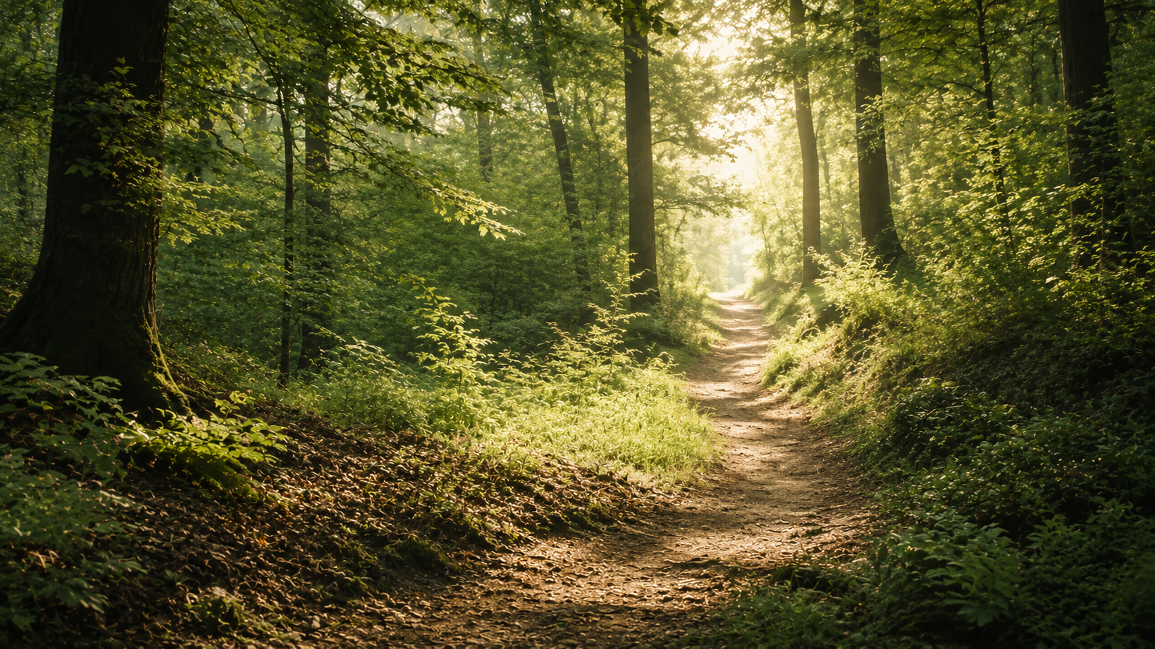 Sentier traversant une forêt lumineuse et paisible symbolisant le changement, les ressources personnelles et l’évolution progressive en hypnose Ericksonienne à Saint-Avertin près de Tours.
