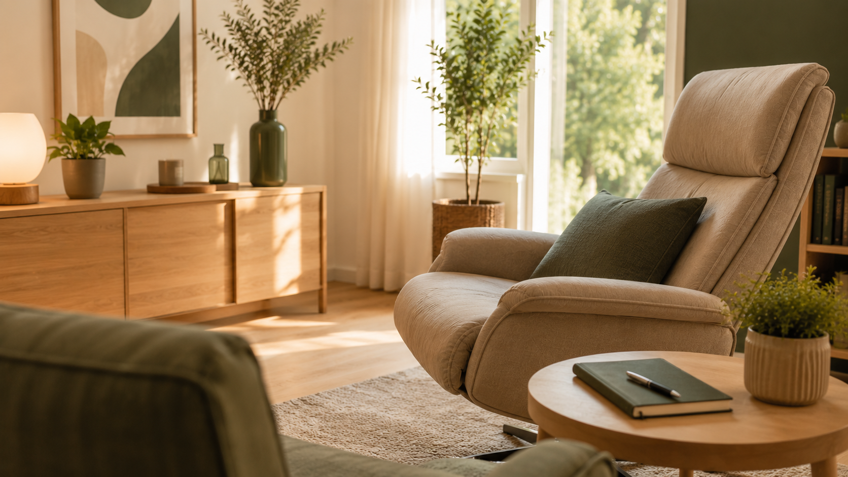 Espace de consultation en hypnose thérapeutique à Saint-Avertin près de Tours avec fauteuil confortable, carnet et lumière naturelle dans une ambiance calme et professionnelle.