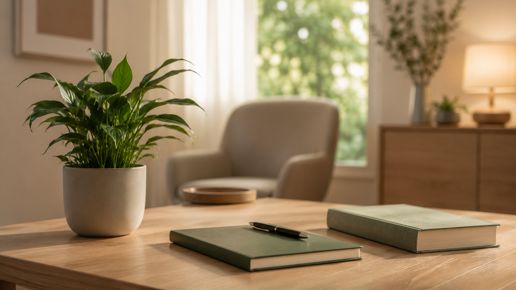 Détail d’un cabinet d’hypnose thérapeutique avec plante verte, carnet et livres sur une table en bois clair, dans une ambiance calme et professionnelle à Saint-Avertin près de Tours.