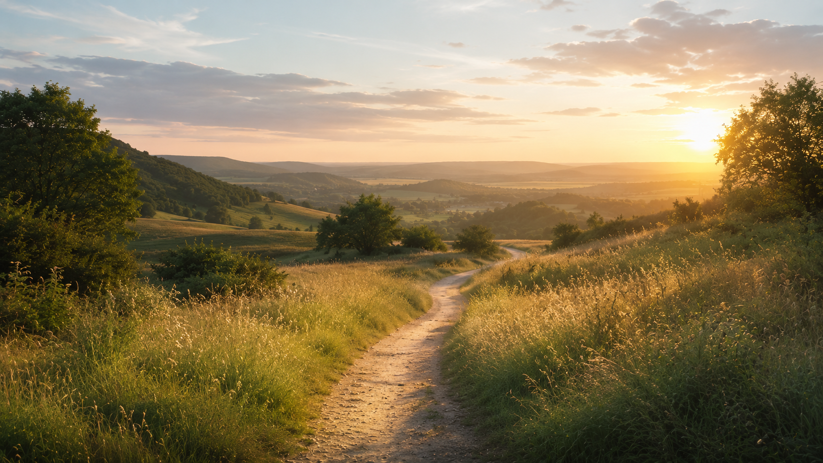 Paysage naturel paisible avec un chemin menant vers un horizon lumineux, symbolisant l’évolution personnelle et de nouvelles perspectives en hypnothérapie à Saint-Avertin près de Tours.