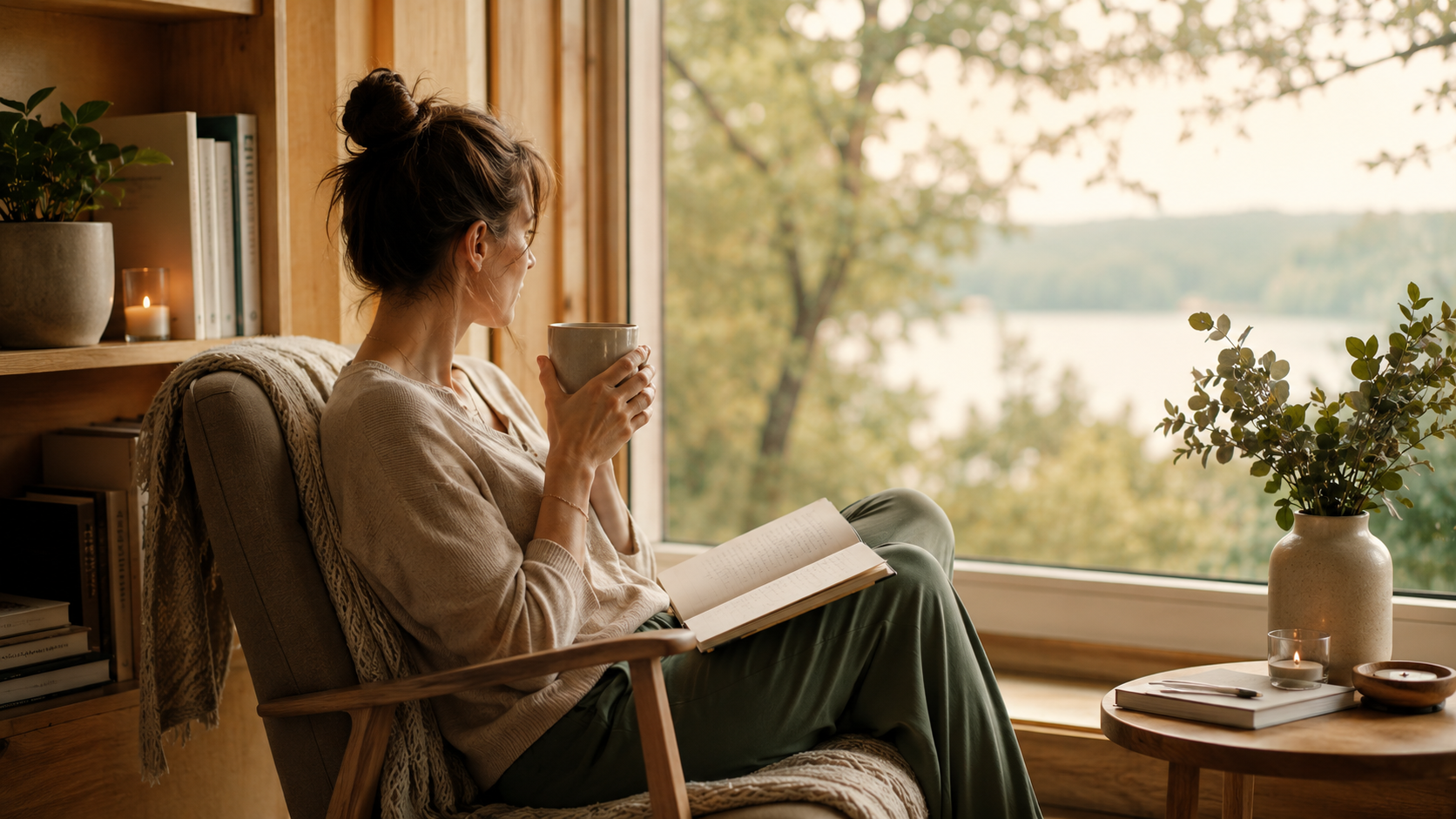 Personne assise près d’une grande fenêtre lumineuse avec une tasse et un carnet, dans une ambiance calme et réfléchie, illustrant un temps d’écoute et d’accompagnement en hypnose à Saint-Avertin près de Tours.