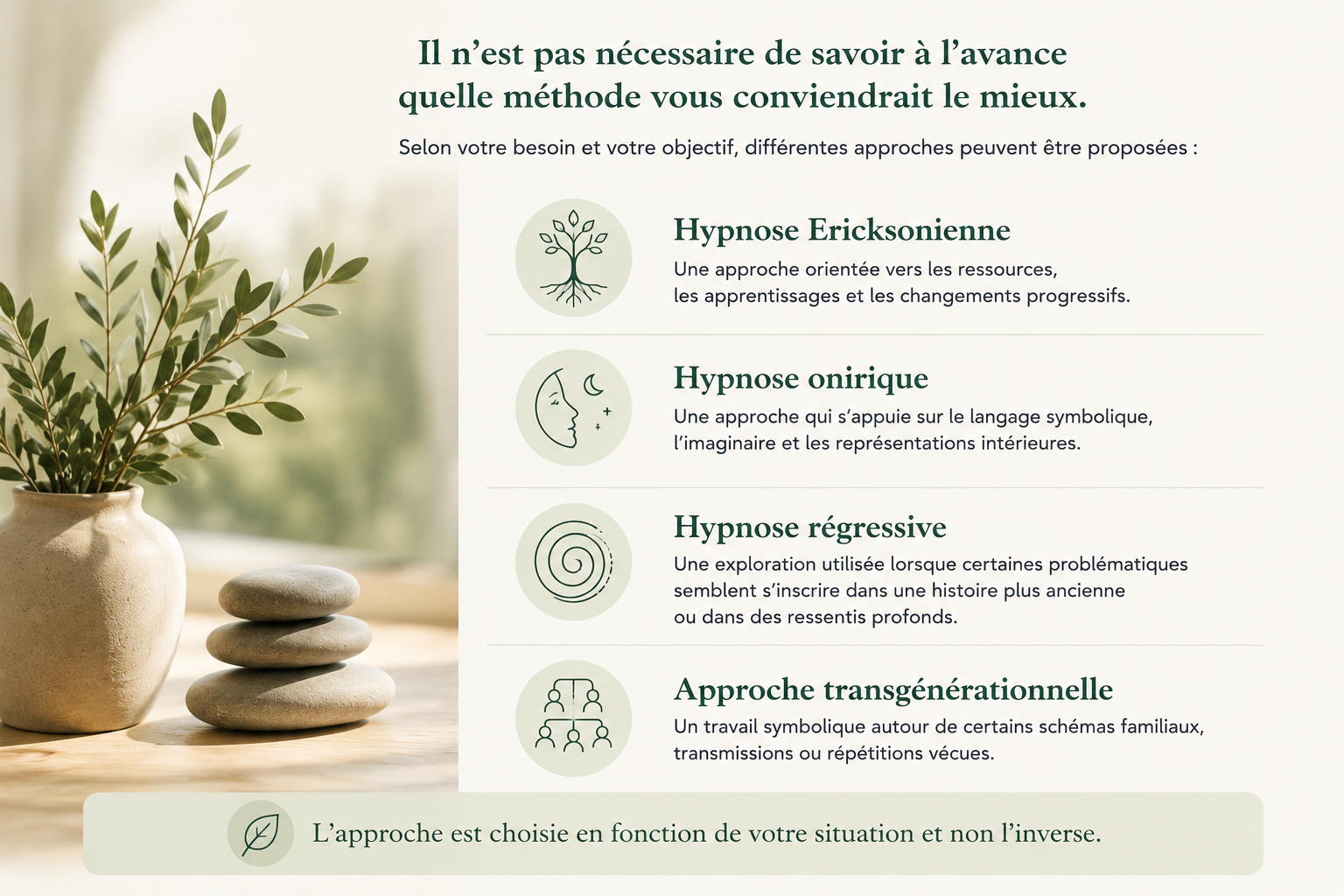 Présentation des différentes approches proposées en hypnose thérapeutique à Saint-Avertin près de Tours : hypnose Ericksonienne, onirique, régressive et approche transgénérationnelle.