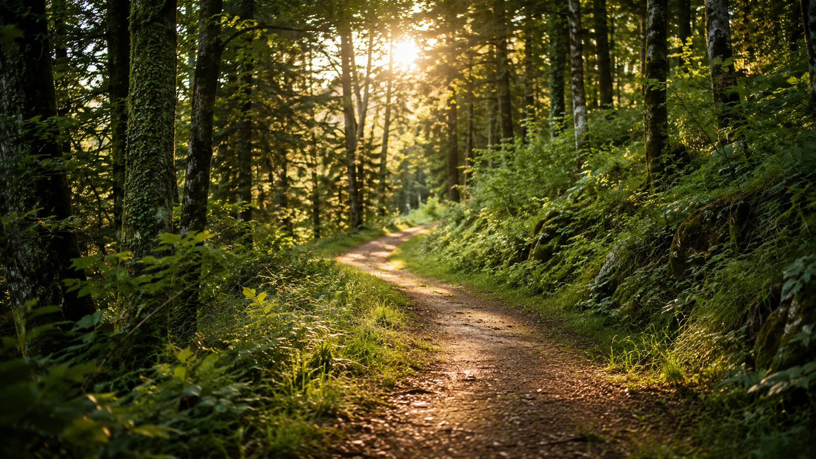 Sentier naturel traversant une forêt lumineuse, symbolisant l’évolution personnelle, la confiance et le chemin vers le changement.