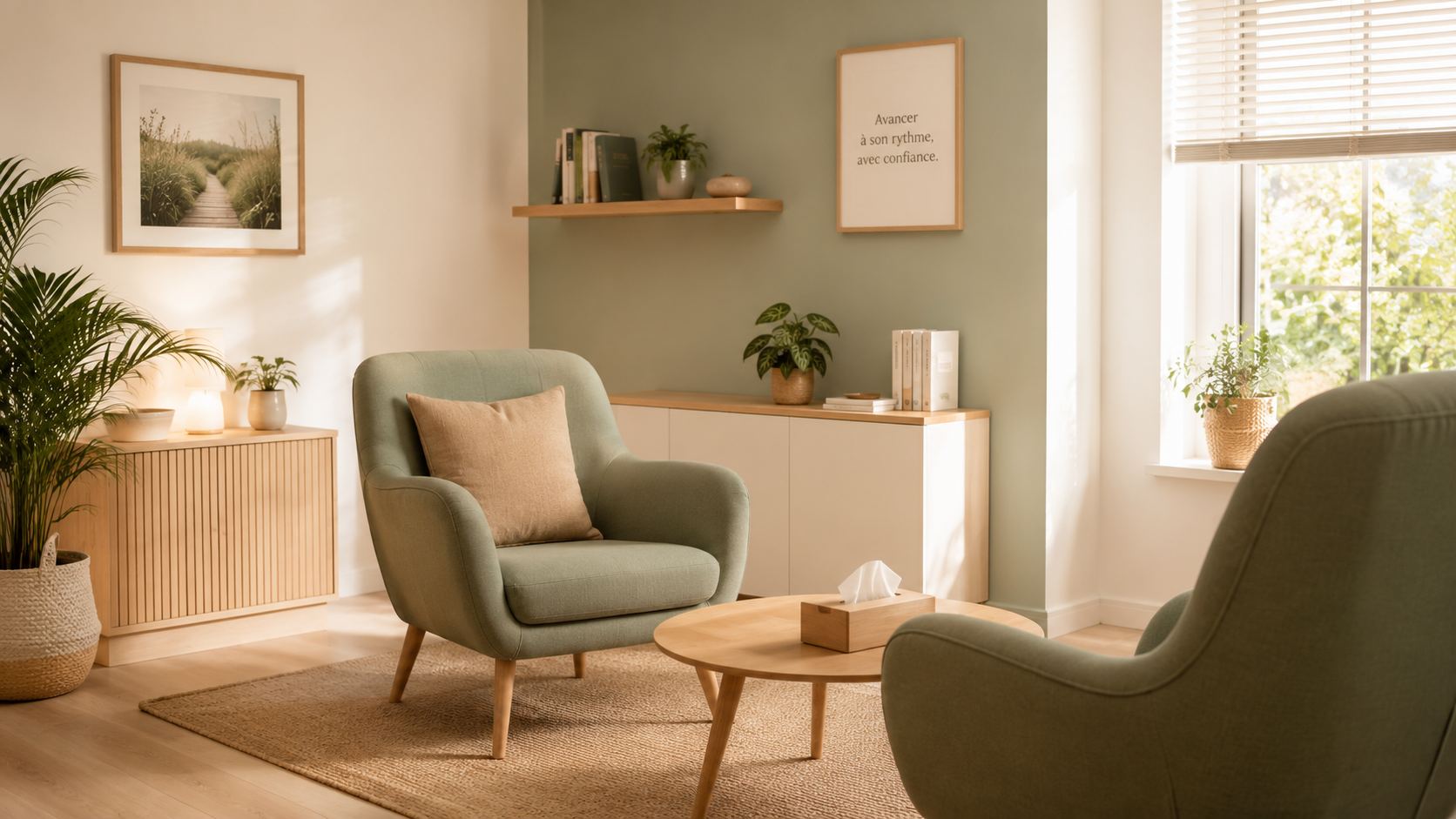 Cabinet d’hypnose thérapeutique chaleureux et lumineux à Saint-Avertin, avec fauteuils confortables et ambiance apaisante.