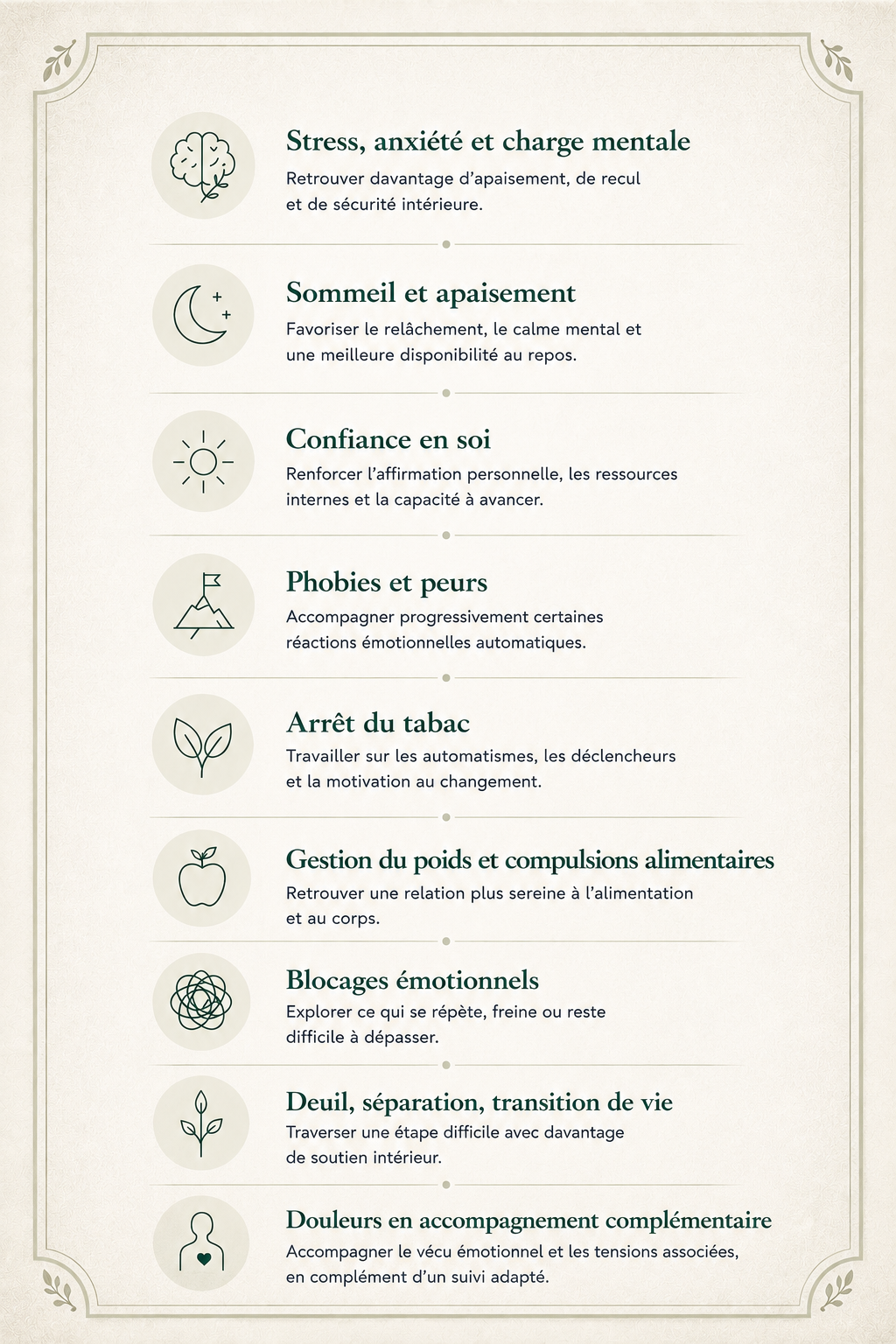 Infographie présentant les principaux accompagnements en hypnothérapie à Saint-Avertin près de Tours : stress, sommeil, confiance en soi, phobies, arrêt du tabac, gestion du poids, blocages émotionnels et transitions de vie.