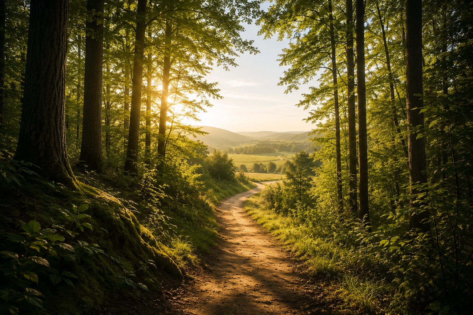 Chemin traversant une forêt lumineuse, symbolisant les ressources, l’évolution personnelle et l’accompagnement en hypnose Ericksonienne à Saint-Avertin près de Tours.