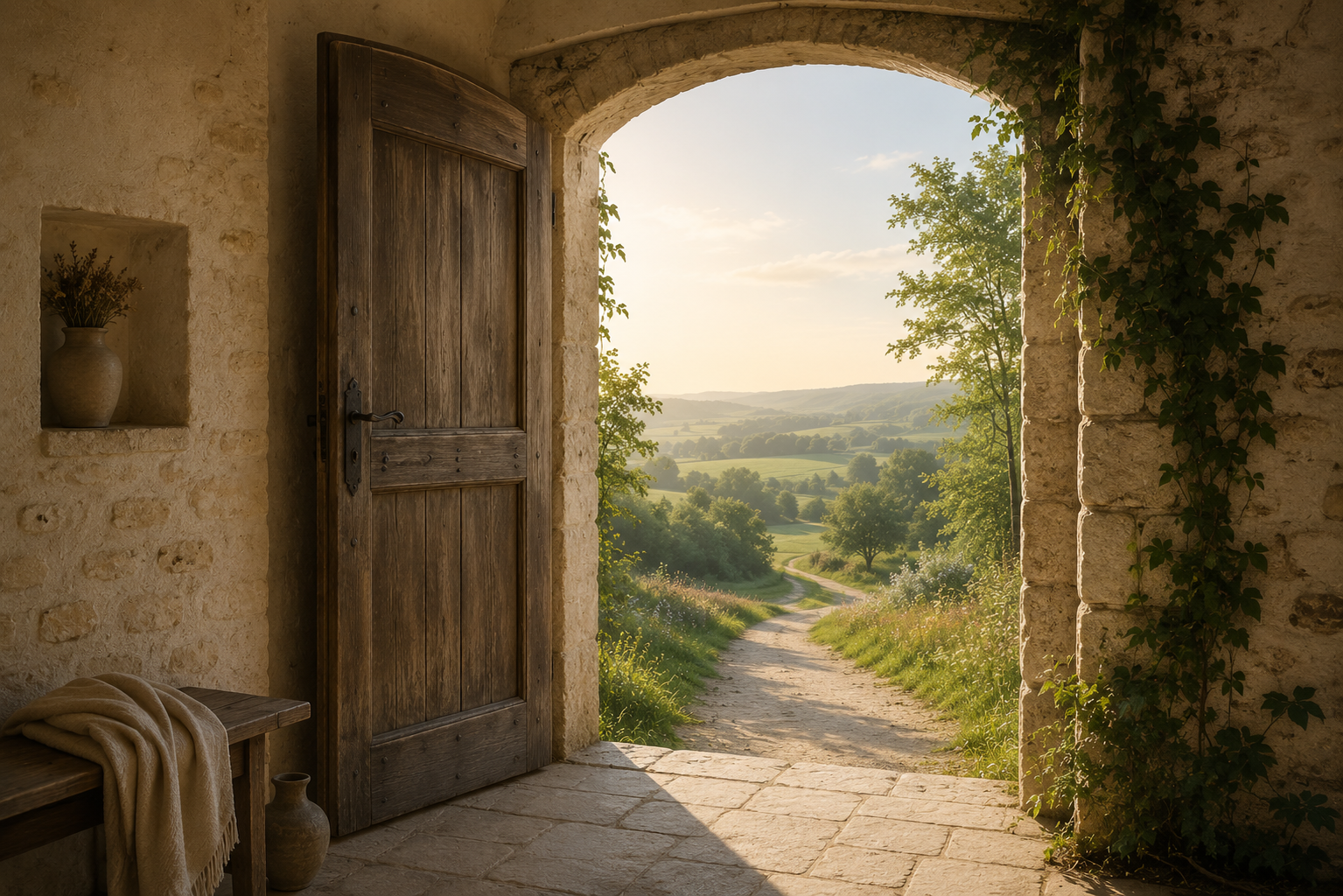 Porte ouverte sur un paysage lumineux, symbolisant l’exploration intérieure, l’imaginaire et l’accompagnement en hypnose onirique et régressive à Saint-Avertin près de Tours.