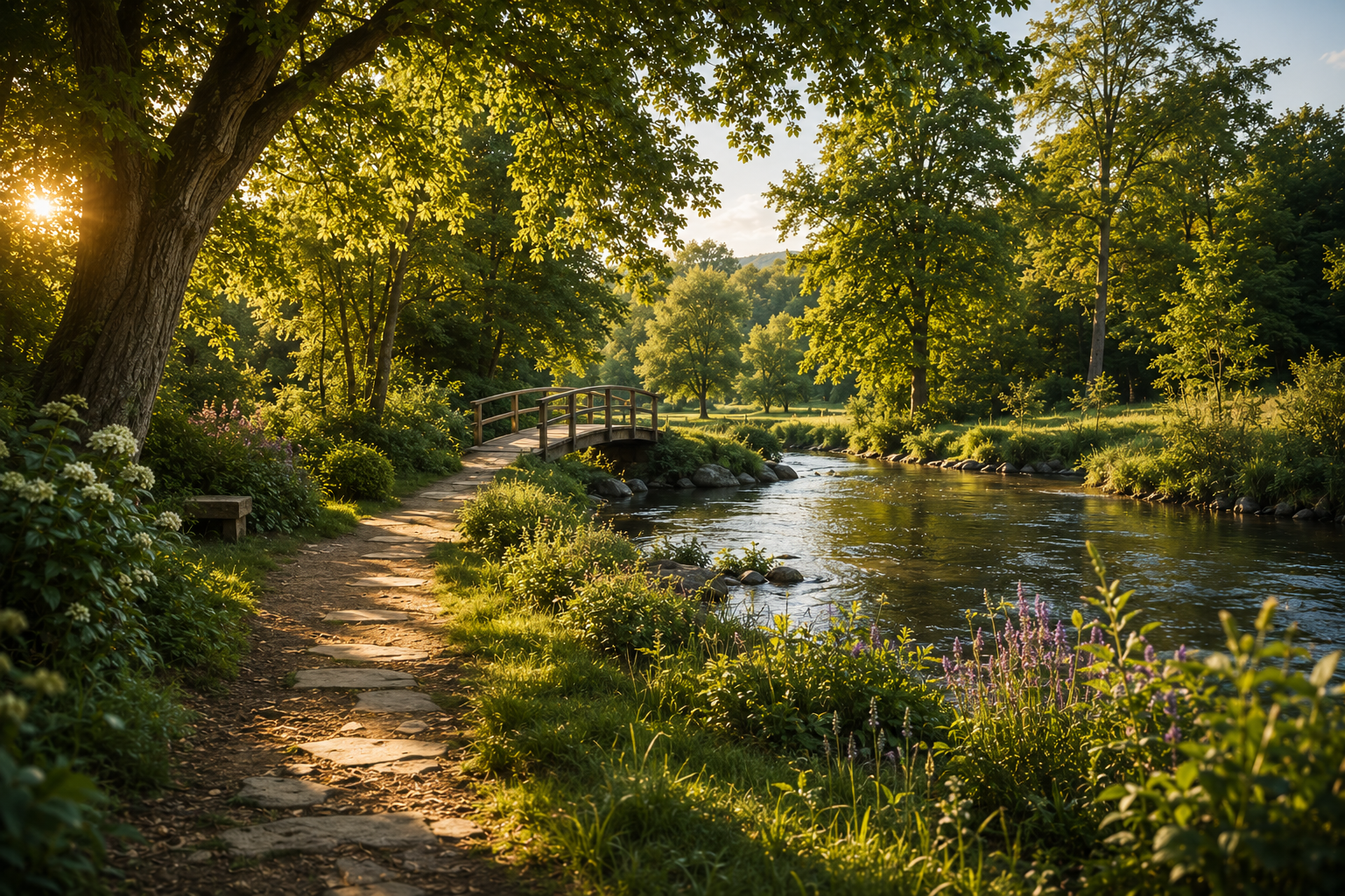 Séances spécifiques d’hypnose à Saint-Avertin près de Tours, jardin paisible avec sentier, pont en bois, rivière calme et arbre majestueux évoquant différents chemins d’exploration intérieure.