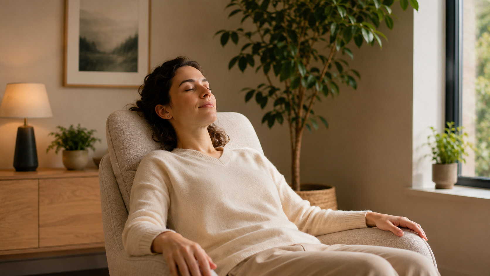 Personne confortablement installée dans un fauteuil pendant une expérience hypnotique, dans un environnement calme, sécurisant et propice au relâchement à Saint-Avertin près de Tours.