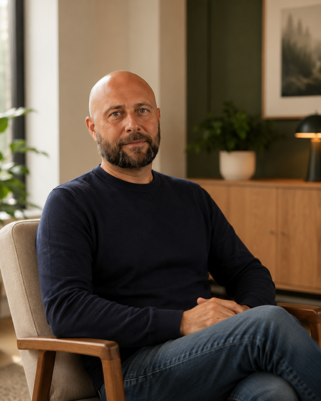 Portrait de Vincent Delagarde, psycho-praticien en hypnose thérapeutique à Saint-Avertin près de Tours, dans son cabinet de consultation.