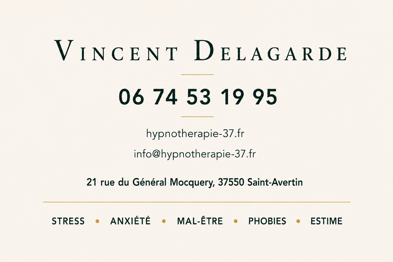 Carte de visite professionnelle de Vincent Delagarde, psycho-praticien et formateur en hypnose thérapeutique à Saint-Avertin près de Tours.