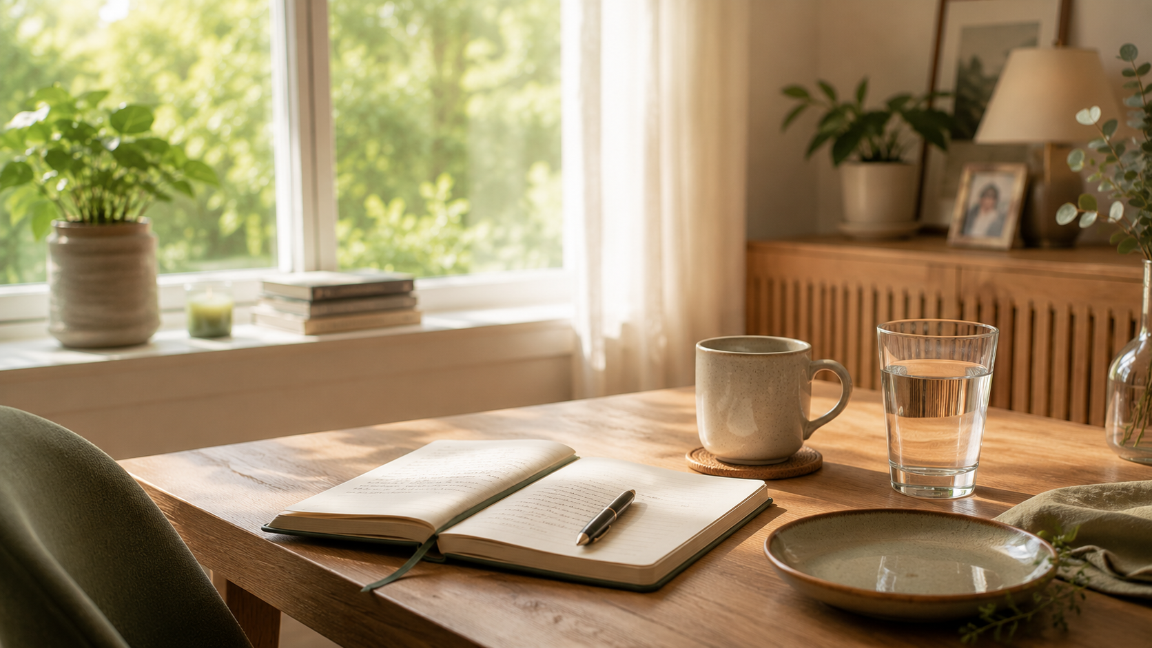 Carnet ouvert, tasse et verre d’eau dans un espace calme favorisant la réflexion sur les habitudes du quotidien