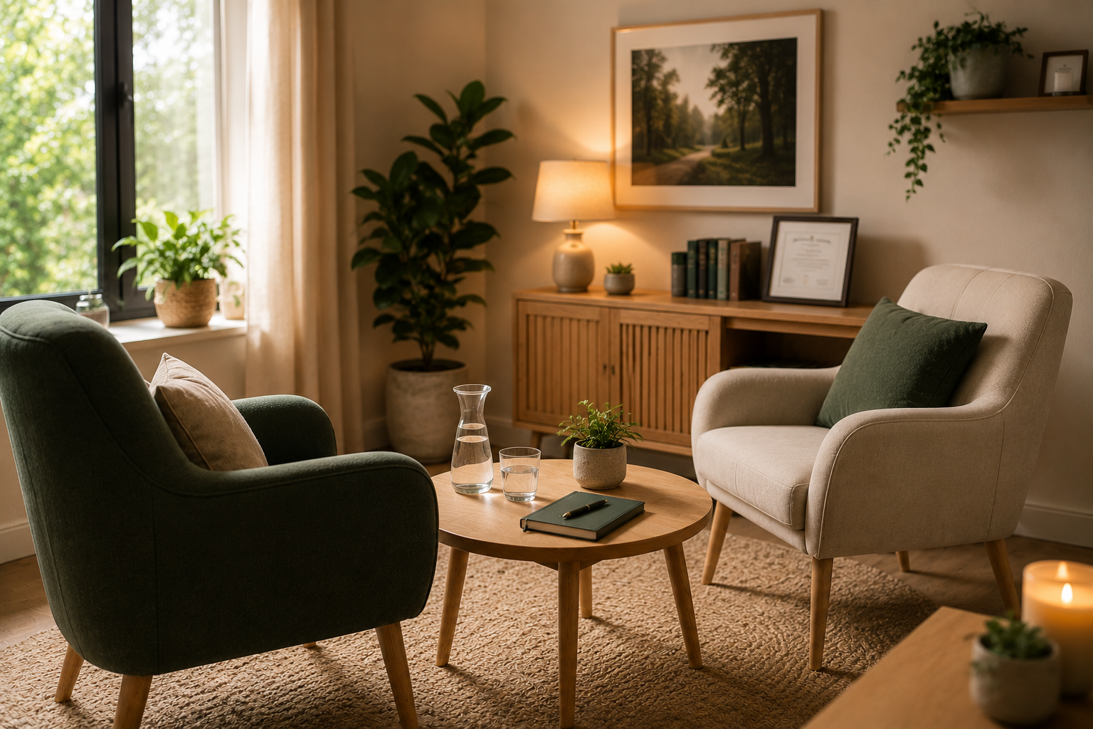 Espace de consultation en hypnose thérapeutique à Saint-Avertin avec fauteuils, lumière naturelle et cadre rassurant